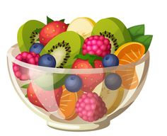 A colorful fruit salad in a clear glass bowl featuring strawberries, kiwi, raspberries, blueberries, orange slices, and banana.