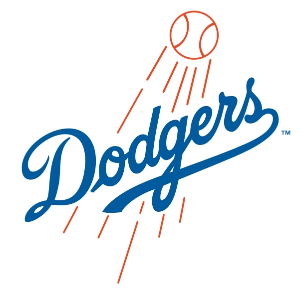 Los Angeles Dodgers logo featuring blue script "Dodgers" with an orange baseball and motion lines above.