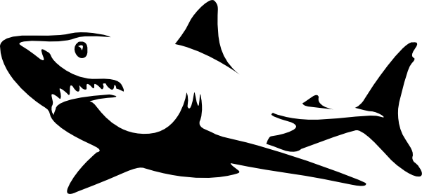 Black-and-white stylized shark silhouette with open jaws and sharp teeth, facing left.