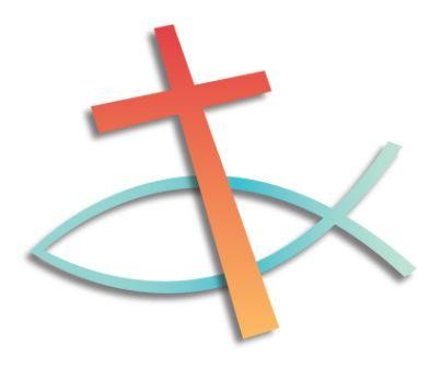 A red-to-orange gradient Christian cross overlaid on a teal-to-light-blue ichthys (fish) symbol, representing faith and Christianity.