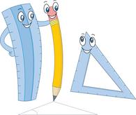Friendly cartoon ruler, pencil, and set square with smiling faces, illustrating school supplies for children.