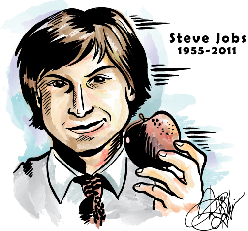Illustrated portrait of Steve Jobs (1955-2011) holding an apple, stylized with watercolor and ink.