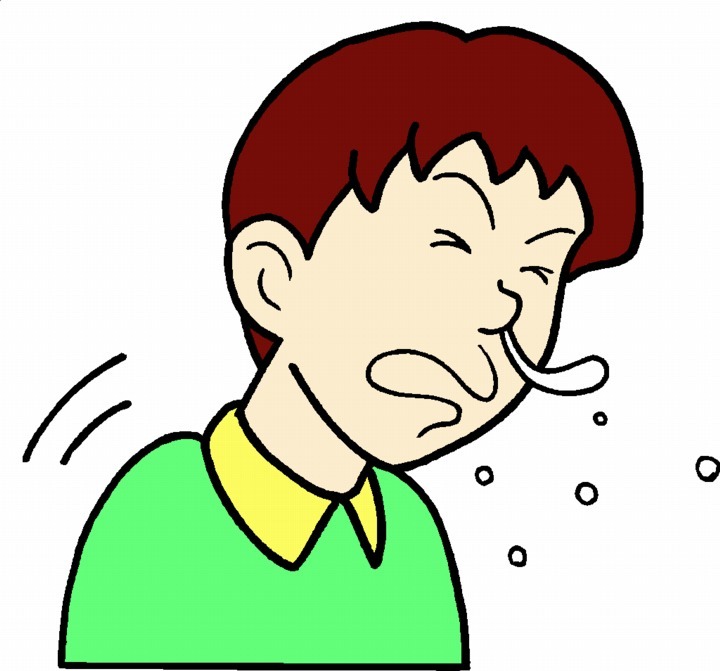 Cartoon boy sneezing with eyes closed, mouth open, and droplets flying from his nose.