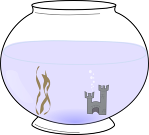 A clear glass bowl filled with water, featuring a small gray castle and golden seaweed illustration inside.