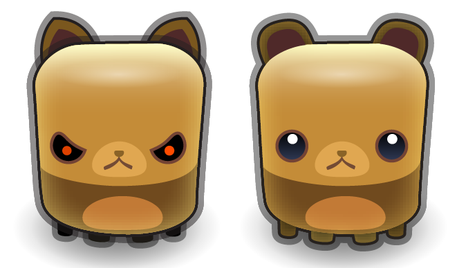 Two cute bear-like characters side by side-one angry with red eyes, one happy with blue eyes-stylized in rounded, blocky design.