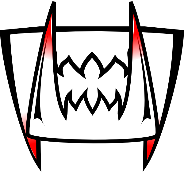 Stylized cartoon vampire mouth with sharp fangs and red accents, conveying menace or Halloween theme.