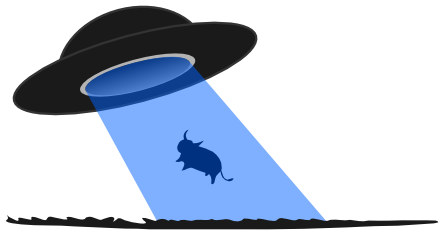 A cartoon UFO with a blue tractor beam abducting a cow silhouette.