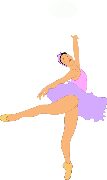 Ballerina in pink leotard and purple tutu performing an arabesque pose with one leg extended and arms gracefully raised.