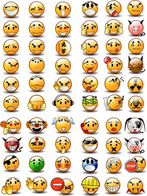 Collection of 48 colorful emoji faces expressing diverse emotions and symbols like money, stop sign, and animals.