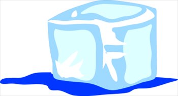 A translucent blue ice cube melting into a puddle of water on a white background.