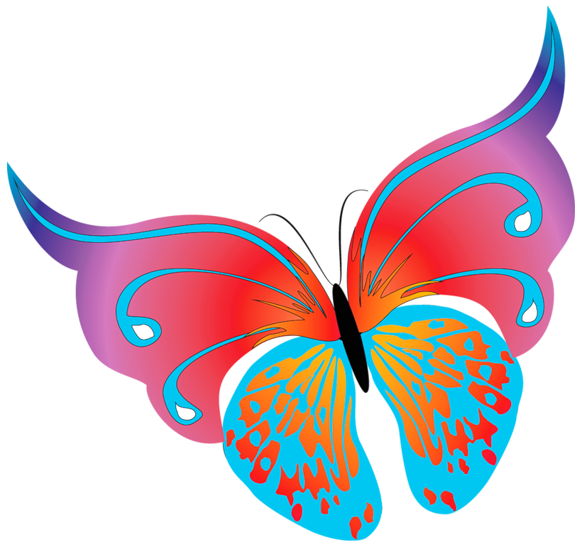 Vibrant stylized butterfly with gradient pink-to-purple wings and blue-orange patterns, outlined in cyan.