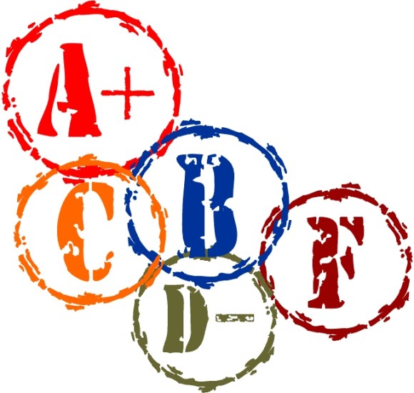 Olympic-style rings with letter grades A+, B, C, D-, and F in red, blue, orange, green, and dark red ink stamps.