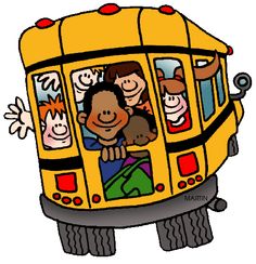 Cheerful cartoon school bus with diverse children waving and smiling through the windows.