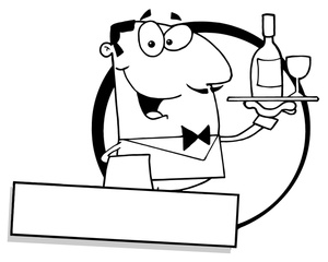 Cartoon waiter holding a tray with wine bottle and glass, smiling behind a counter.