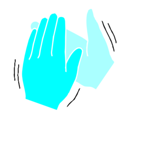 Two hands clapping in celebration, illustrated in bright cyan with motion lines indicating applause.