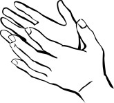 Line drawing of two hands clapping, symbolizing applause, appreciation, or celebration.