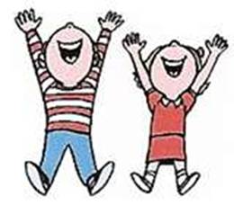 Two joyful cartoon children jumping with arms raised in celebration.