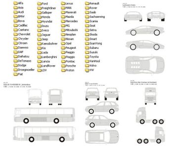 Car brand logos and vehicle silhouettes organized in a reference chart for automotive identification.