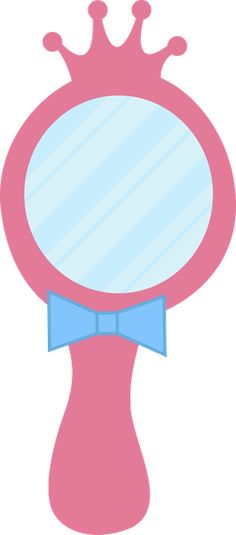 Pink handheld mirror with crown top and blue bow tie, cartoon-style illustration.