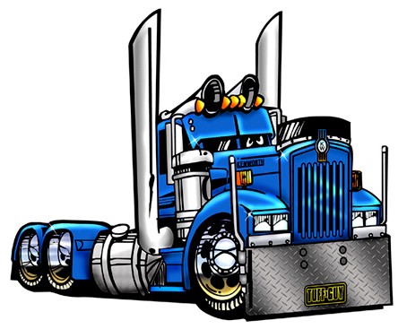 Vibrant blue classic semi-truck with chrome stacks, grille guard, and custom detailing in cartoon style.