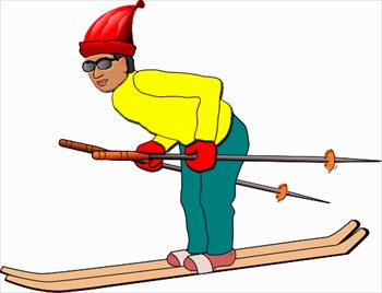 Cartoon skier in red hat, yellow jacket, and teal pants leaning forward with ski poles on wooden skis.