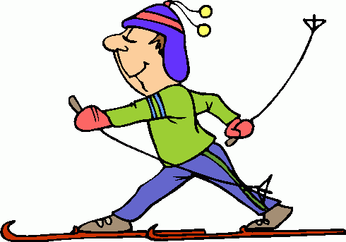 Cartoon skier in colorful winter gear gliding with poles and smile.