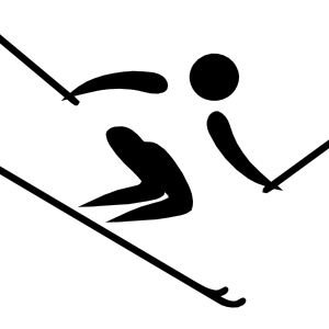 Black silhouette of a cross-country skier in motion with poles and skis on white background.