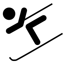 Black silhouette icon of a person skiing downhill with poles and skis on a white background.