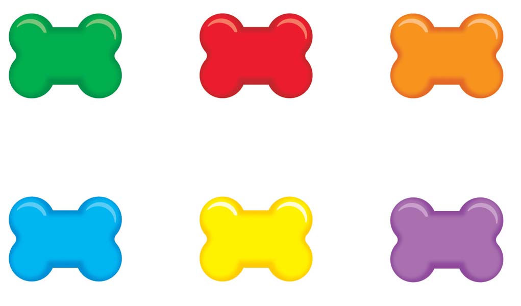 Six glossy, colorful bone-shaped icons in green, red, orange, blue, yellow, and purple on a white background.