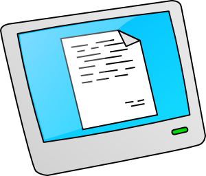 Computer monitor displaying a document with text lines and a folded corner.