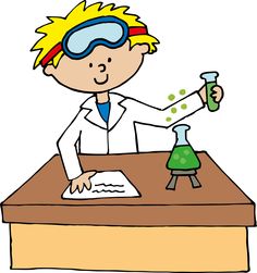 Cartoon child scientist in lab coat and goggles conducting a chemistry experiment with beakers and bubbling liquid.