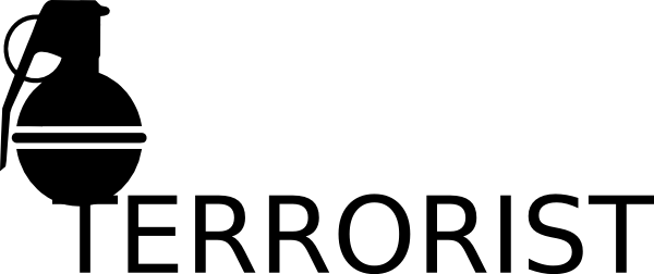 Black silhouette of a hand grenade with the word "TERRORIST" in bold capital letters below it.
