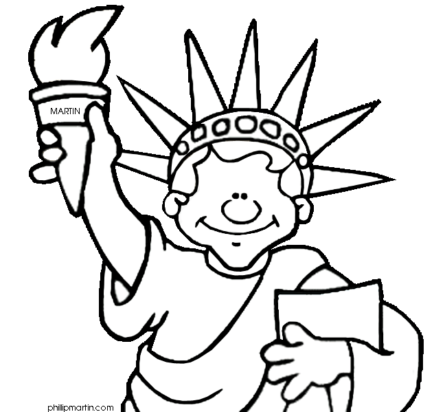 Child dressed as Statue of Liberty holding torch and tablet, smiling cartoon illustration.