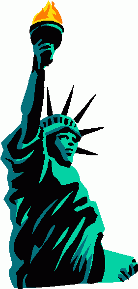 Stylized illustration of the Statue of Liberty holding a torch aloft, rendered in teal and black with a golden flame.