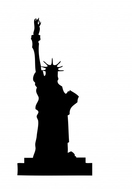 Black silhouette of the Statue of Liberty holding torch and tablet against white background.