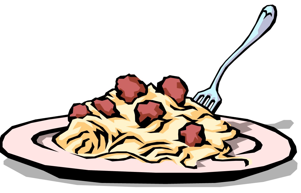 Plate of spaghetti with meatballs and a fork, cartoon-style illustration.