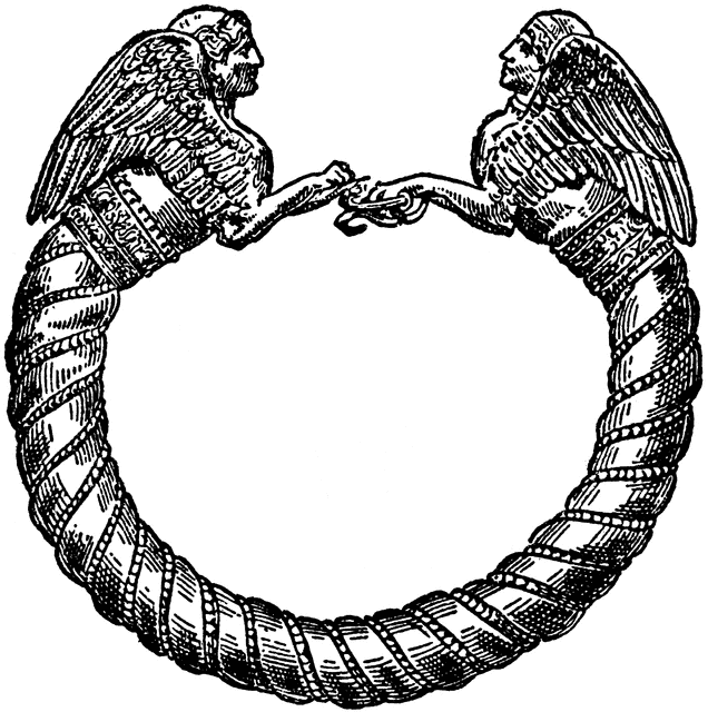 Two winged figures in ornate armor grasp hands across a circular rope-bound ring, forming a symbolic Ouroboros-like motif.