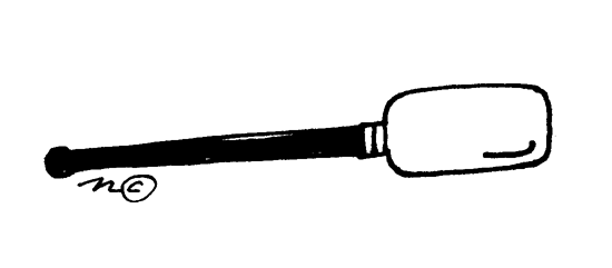 Hand-drawn illustration of a spatula with a long handle and rectangular head, signed with "MC" initials.