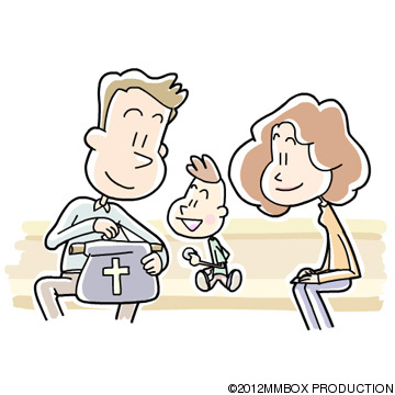 A smiling family-father, mother, and child-sitting together; father holds a medical first-aid kit with a cross symbol.