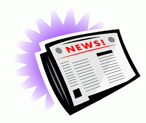 Cartoon newspaper with "NEWS!" headline and purple burst effect, symbolizing breaking news or media announcement.