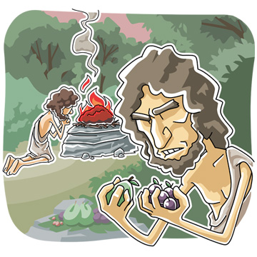 A cartoon-style illustration of two ancient figures: one tending a smoking altar with fire, the other examining fruit with a skeptical expression.