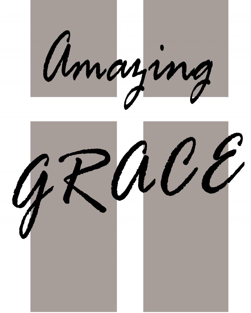 "Amazing Grace" text in elegant black script over a taupe cross design on white background.