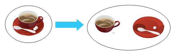 Red coffee cup with sugar cubes and spoon on a saucer, transitioning to cup and saucer separated.