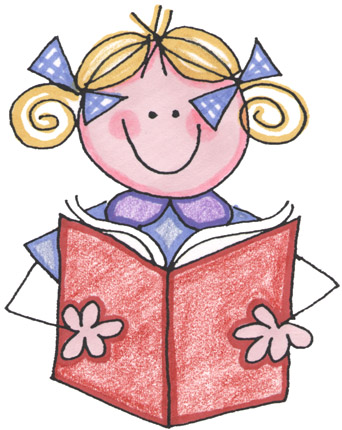 Smiling cartoon girl with blonde pigtails and blue bows reading a red book with flower decorations.