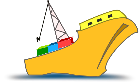 Yellow cartoon cargo ship with red crane lifting colorful containers on blue water.