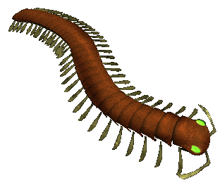 A detailed 3D rendering of a brown centipede with glowing green eyes and numerous segmented legs, isolated on white background.
