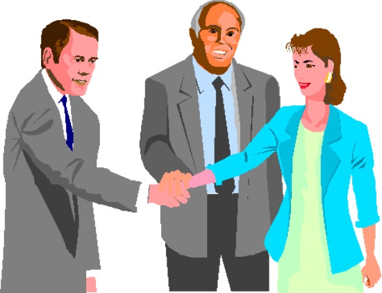 Three business professionals shaking hands in a formal meeting setting.