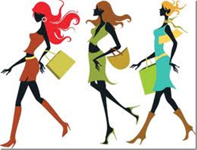 Three stylish women in colorful outfits walking with shopping bags, illustrated in vibrant vector art.