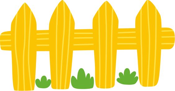 Bright yellow cartoon-style picket fence with green bushes at the base.