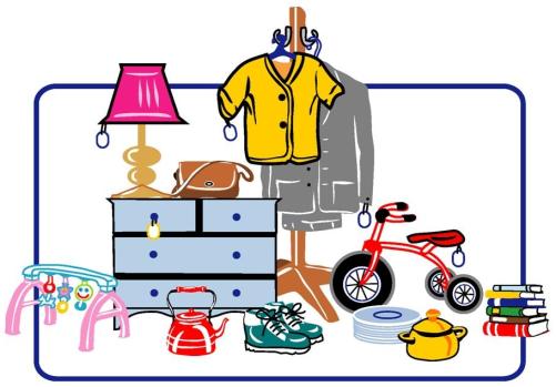Colorful illustration of household items including a lamp, dresser, clothes on hanger, tricycle, kettle, shoes, books, and baby gym.